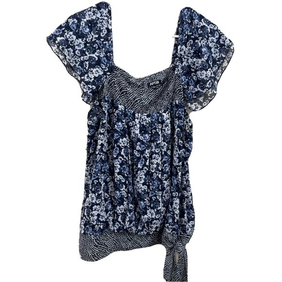 APT 9. Whimsy Tie Top Women L Floral Blue Flutter Sleeve Peasant Blouse Y2k Chic - Picture 11 of 16